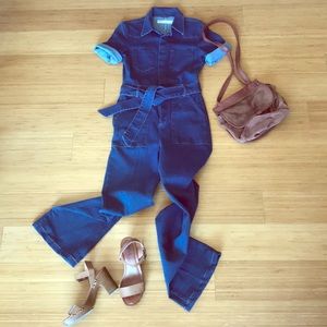 Denim Patch Pocket Flared Jumpsuit with Belt